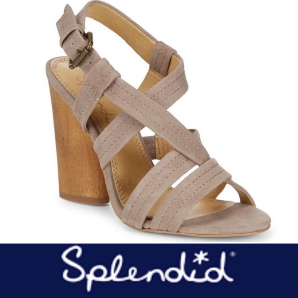 SPLENDID “Flash” Taupe Suede Strappy Wood Heel